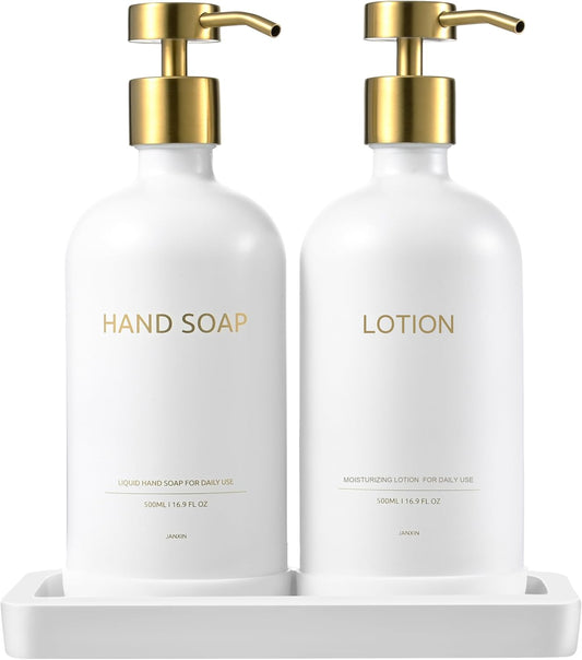Glass Kitchen Soap Dispenser Set with Ceramic Tray,16.9 floz Hand and Dish Soap Dispenser for Kitchen and Bathroom Decor (White + Gold(Lotion))
