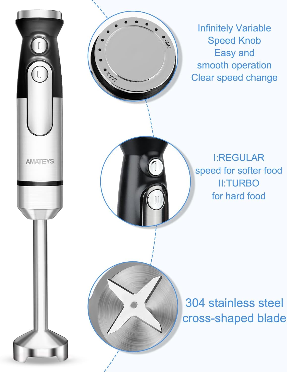 Handblender with Plug,Immersion Blender Handheld, Heavy-Duty Copper Motor, Detachable Stainless Blade Dishwasher Safe, 2 Modes with Pulse,Infinitely Variable Speed, Space-Saving Design