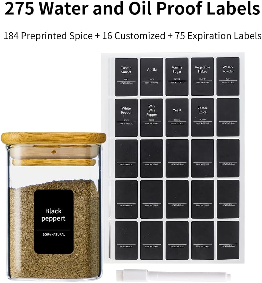10Pcs 7oz Spice Jars Glass Container with 275 Labels, Airtight Seasoning Empty Organizer with Bamboo Lid Set for Pepper, Salt, Sugar