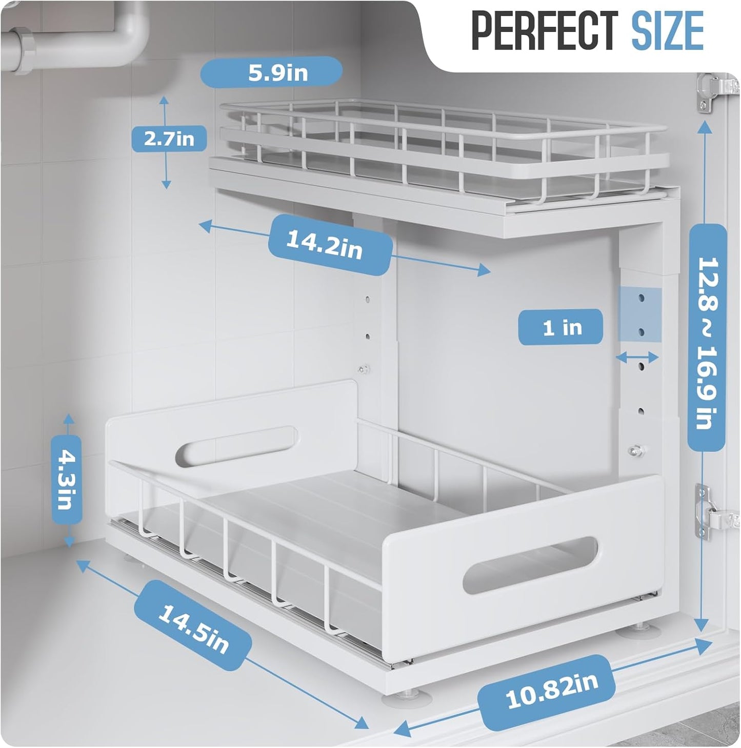 1 Pack Under Sink Organizer Upgrade To Professional Rails,2-Tier Dual Pull Out Cabinet Storage,Height Adjustable Slide Out Drawers For Bathroom Kitchen,Under Sink Shelf-White