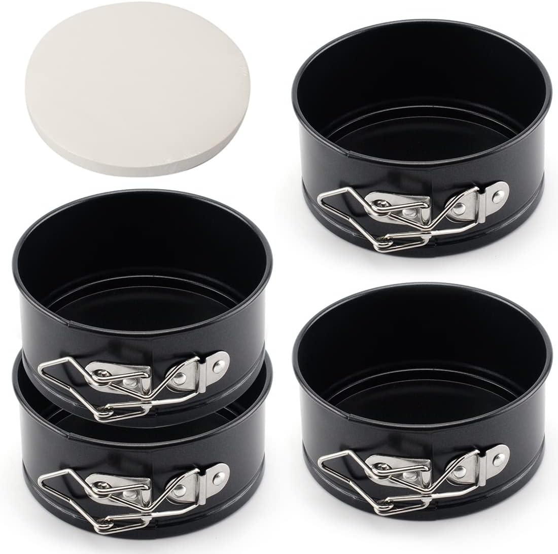 Tellshun 4 Pack Small Springform Cheesecakes Pan Tins Set 4 Inch Mini Baking Mold 4 Pieces Round Leakproof Nonstick Removable Bottom Bakeware for Pie Pizzas and Quiches Includes 50Pcs Parchment Paper