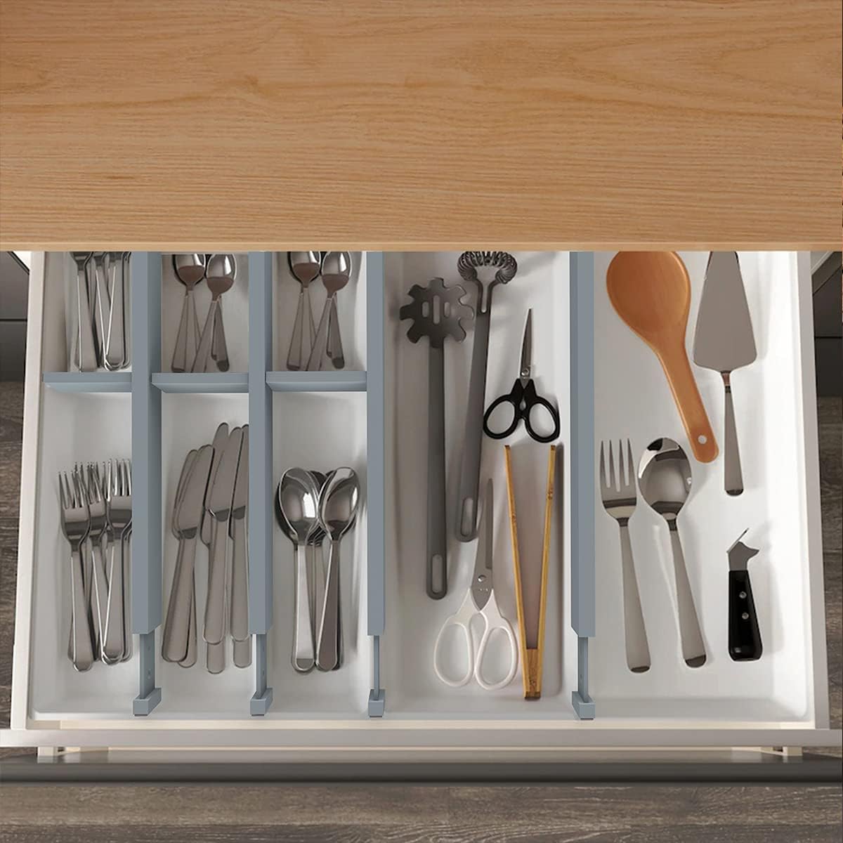 ANTOWIN Bamboo Drawer Dividers Organizers, Expandable Drawer Separators Splitter,17-22 inches Long Adjustable Spring-loaded Organizer for Large Utensil, Clothes, Tools Drawers (Grey)
