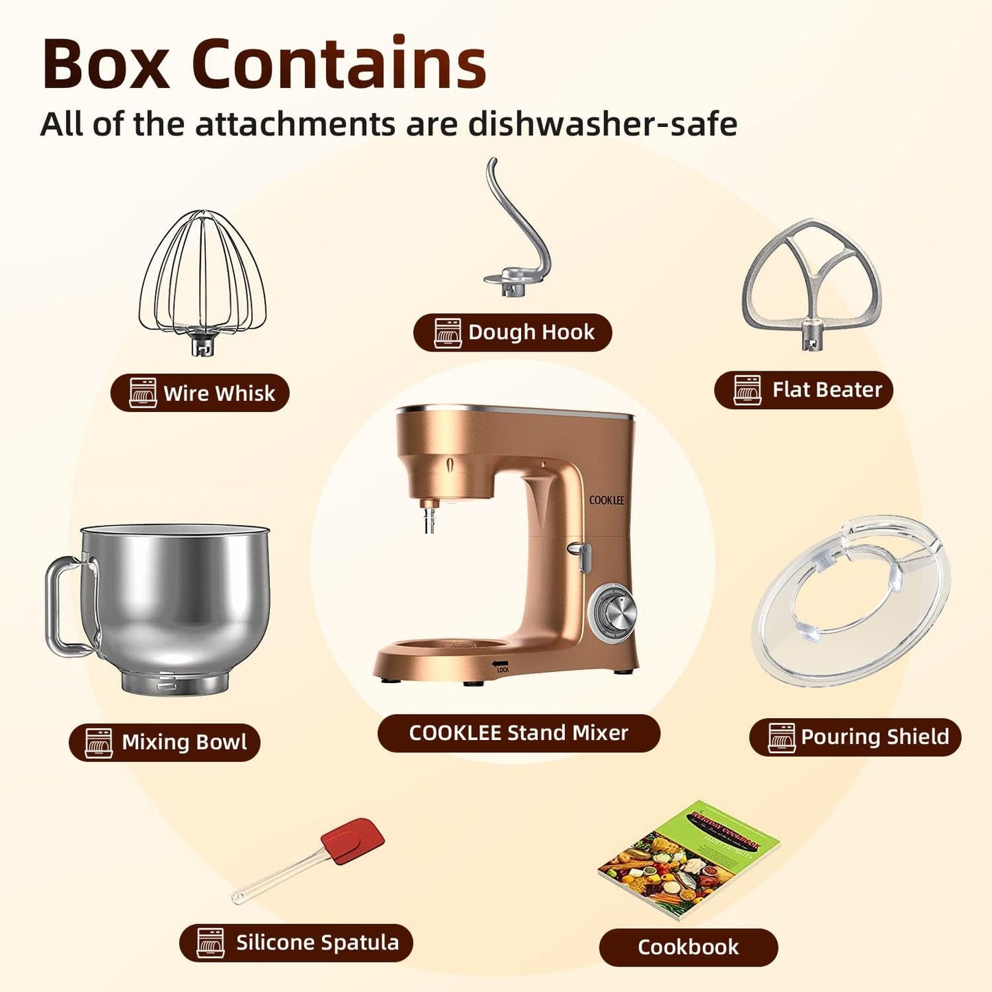 COOKLEE Stand Mixer, 9.5 Qt. 660W 10-Speed Electric Kitchen Mixer with Dishwasher-Safe Dough Hooks, Flat Beaters, Wire Whip & Pouring Shield Attachments for Most Home Cooks, Champagne