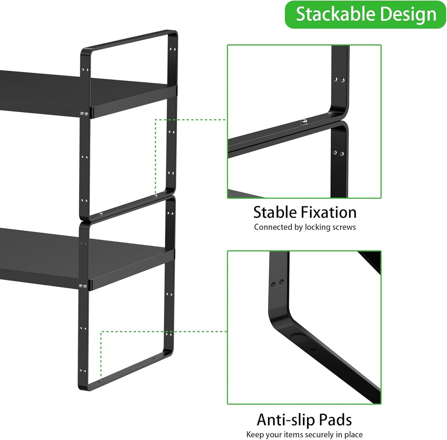 Expandable Cabinet Storage Shelf Stackable Organizer Rack for Kitchen Bathroom Pantry Spice Cupboard Countertop Home Office Desk Heavy Duty Nonslip Black Small 3 Pack