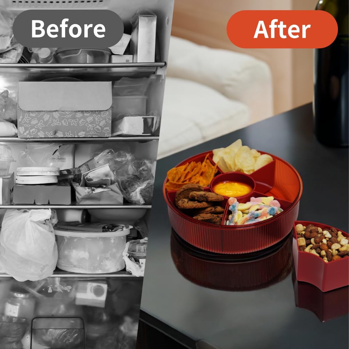 Snackle Box Container, Round Divided Serving Tray with lid 6parts (Red) for Veggie, Candy and Nuts Organizer, Snackle Charcuterie Boxes for Travel, Party and Picnic