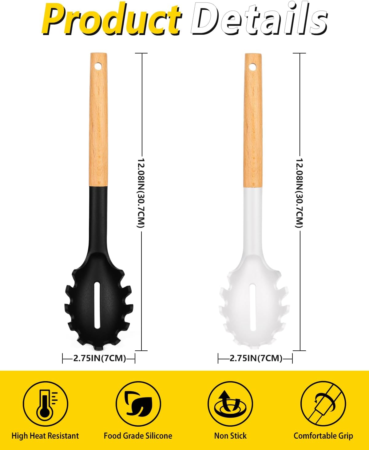 Pack of 2 Spaghetti Spoon, Silicone Pasta Fork with Wooden Handle, Heat Resistant Noodle Spoon Server, BPA Free Spaghetti Strainer(BLACK-WHITE)
