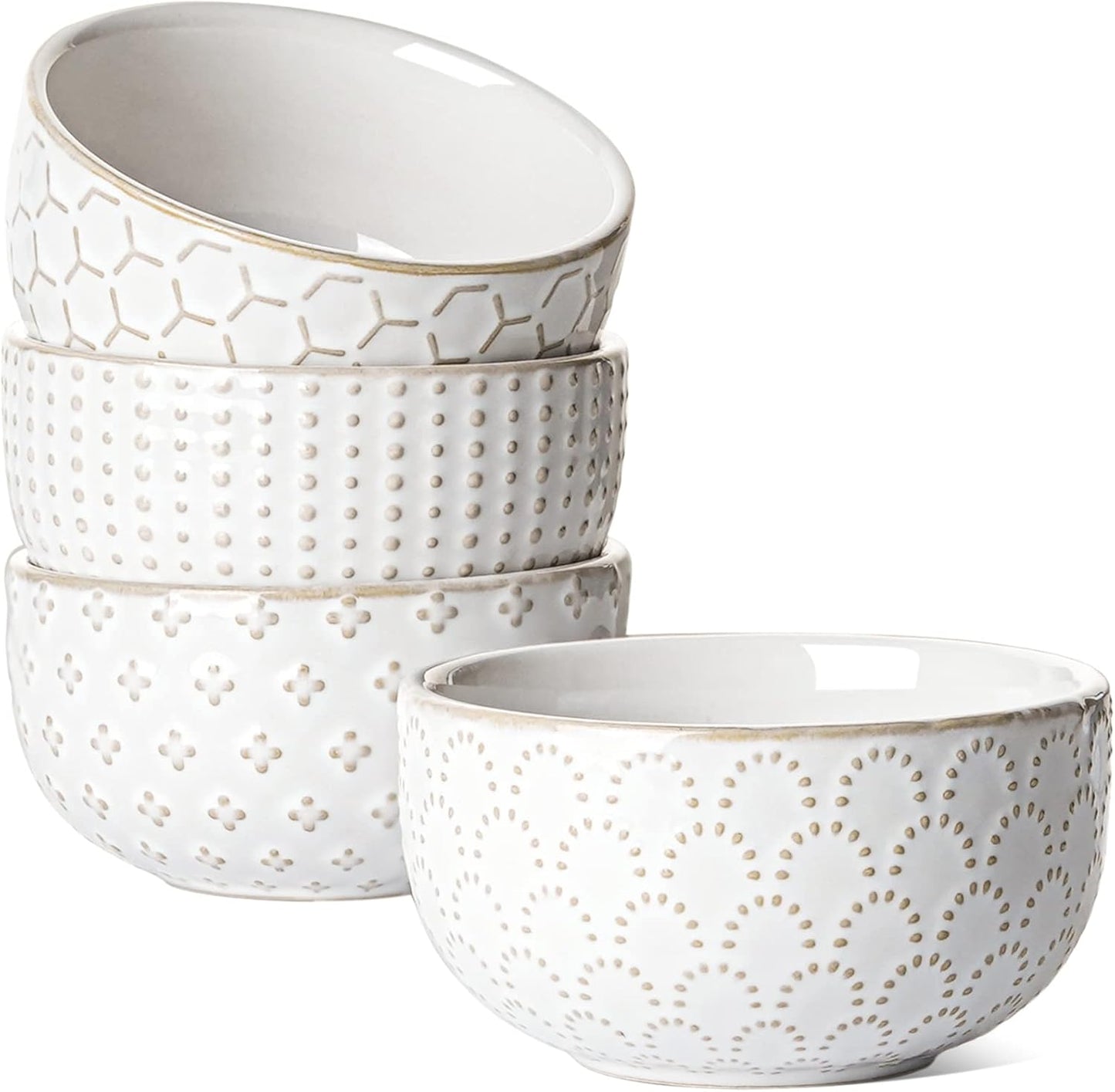 LE TAUCI Small Bowls 7 OZ, Ceramic Embossment Stoneware Bowl for Dipping, Side Dish, Sauce, Appetizer, Dessert, Sushi, Suit For House-warming - 3.5 inch, Set of 4, Arctic white