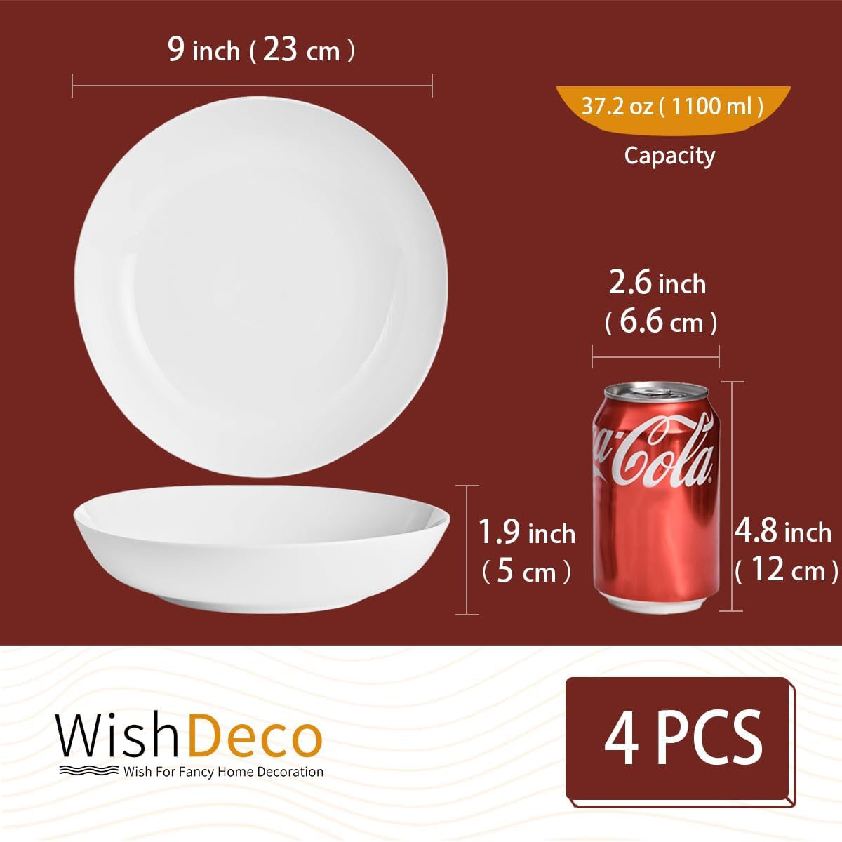 White Pasta Bowls Set of 4, Porcelain Salad Bowls 37 oz, Wide and Shallow Serving Bowl 9 Inch, Large Pasta Plates, Serving Dishes for Soup, Dinner, Microwave and Dishwasher Safe