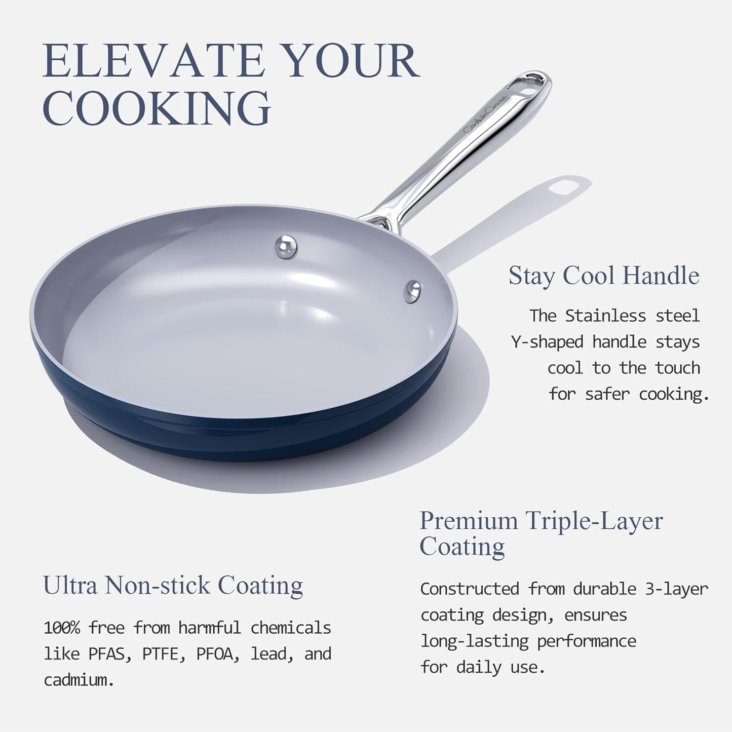 Nonstick Ceramic Frying Pan 10 Inch for Induction Cooktop - Non Toxic, PTFE/PFOA/PFAS Free, Oven & Dishwasher Safe up to 500°F - Non Stick Small Skillet with Stay-Cool Handle - Navy Blue