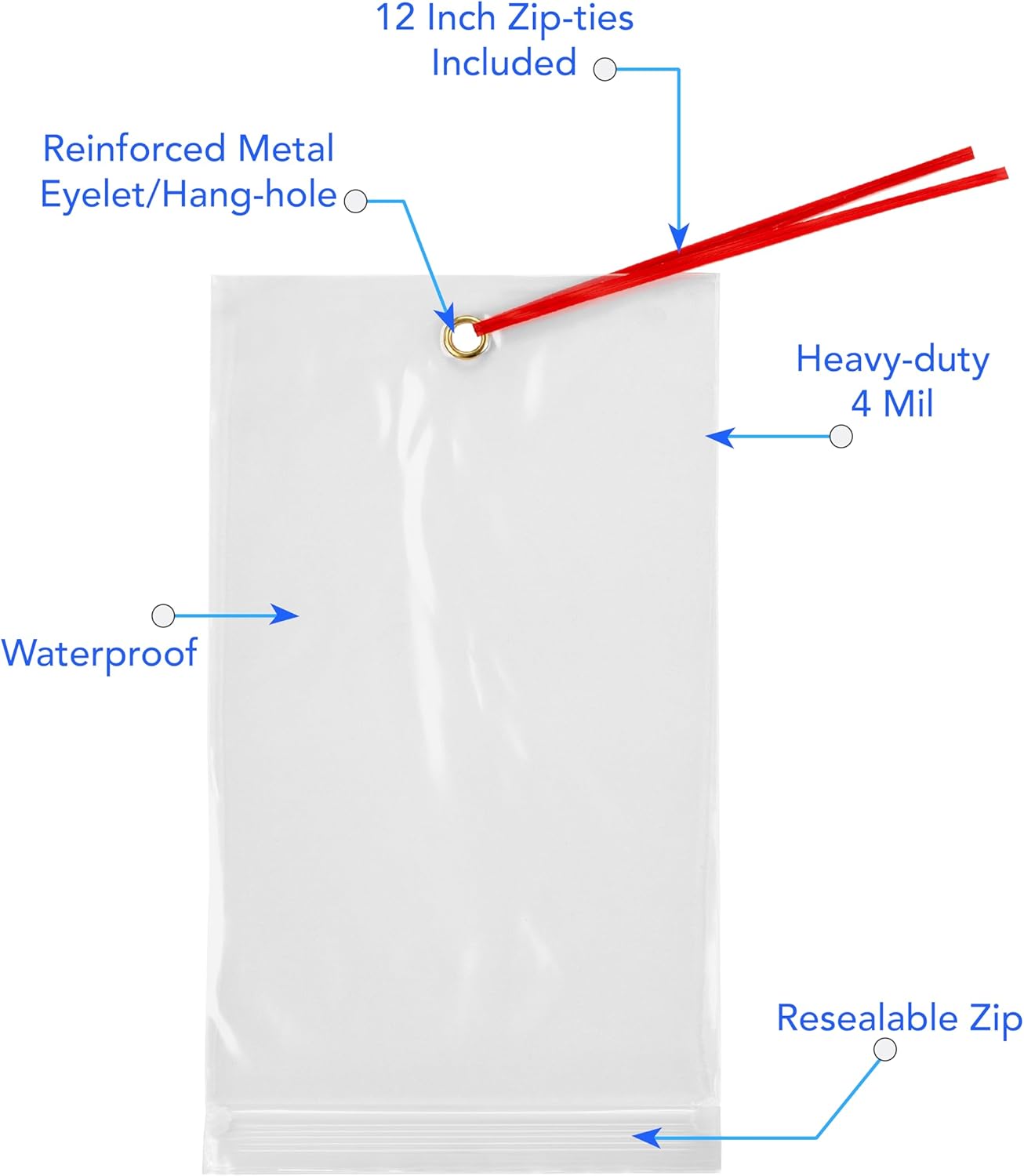 GPI - 5" x 7" Reclosable Zip Bags with Bottom Hang-hole & Pre-inserted 12" Twist-tie. 4 Mil Heavy-duty Resealable Zipper Baggy with Grommet/Metal Eyelet for Hanging (Insert Size 4.5x5.5) 500 Pack