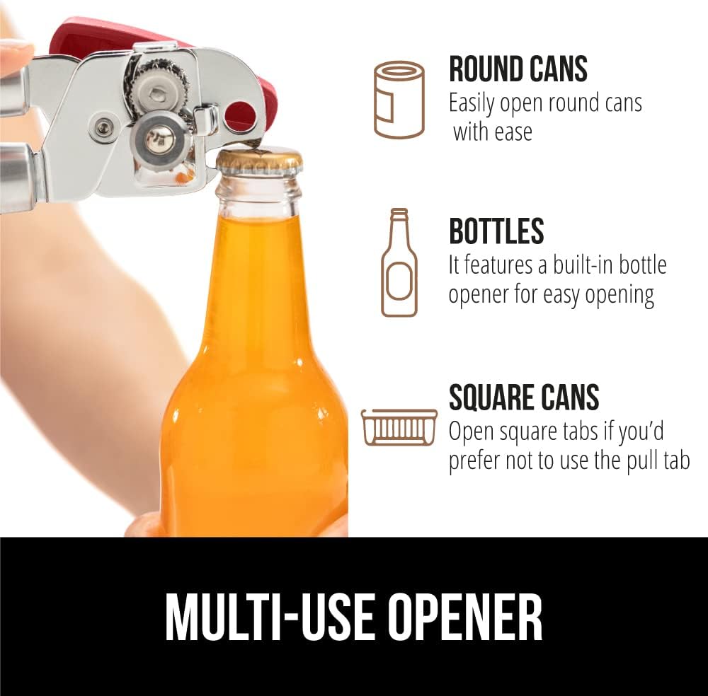 GORILLA GRIP Heavy Duty Stainless Steel Smooth Edge Manual Can Opener and Bottle Openers, Soft Comfortable Handle, Oversized Handheld Turn Knob, US Designed Multifunctional Kitchen Tool, Red