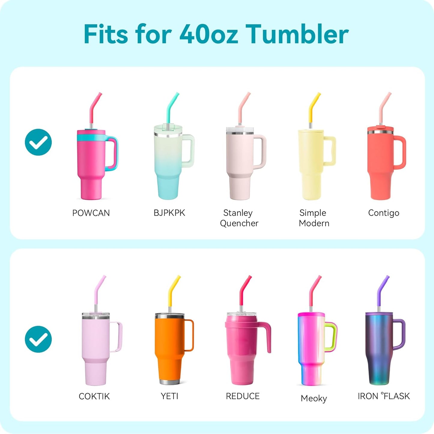 6 Pcs Metal Reusable Straws for 40 oz Tumbler, Stainless Steel Long Drinking Straw with Colourful Silicone Tips,Straw for Glass Cups, Cleaning Brushes Included, BPA FREE