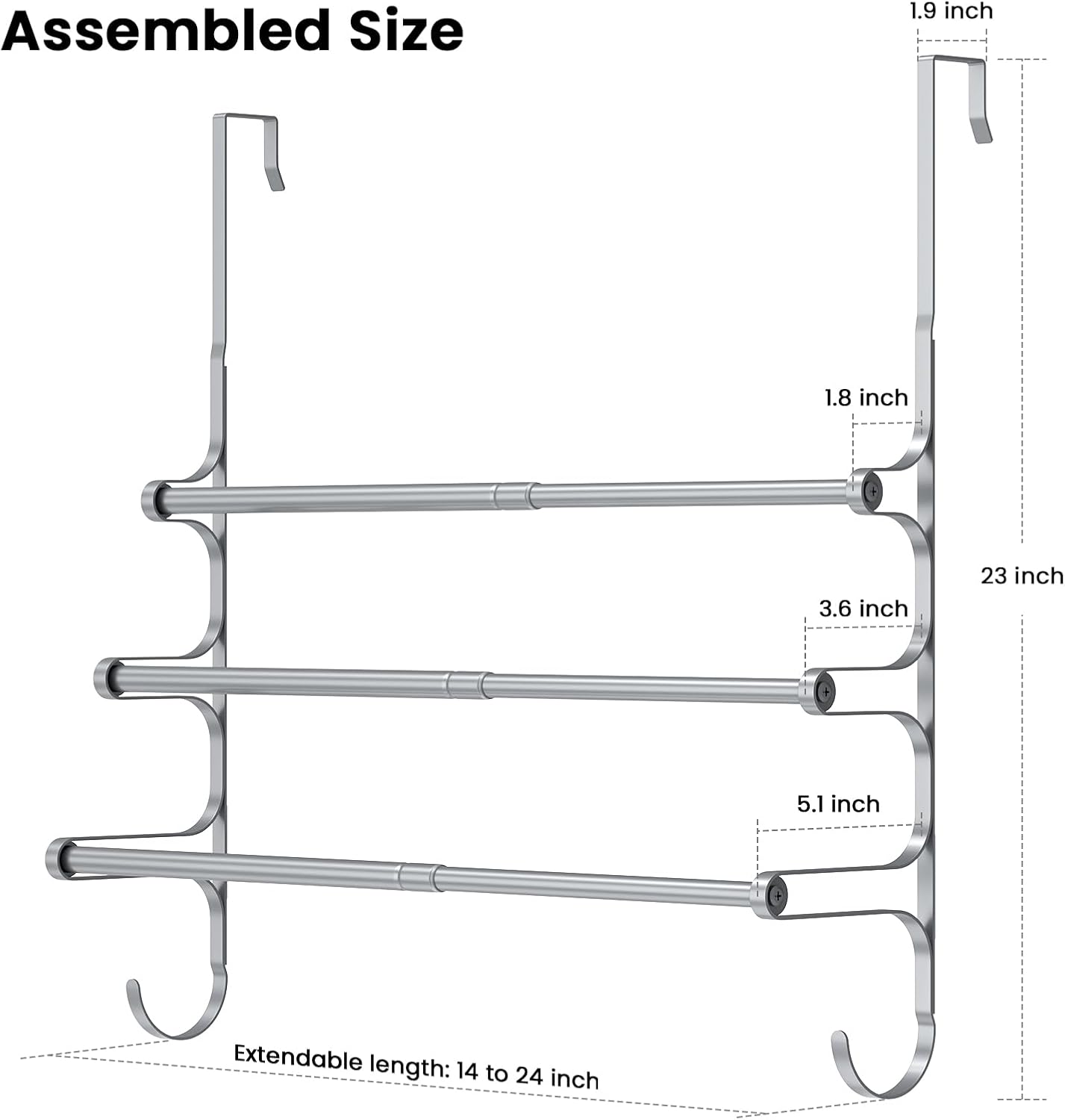 Over The Door Towel Rack, Triple Towel Storage Holder with Hooks, 24.02 Inches Towel Bar Hanger Towel Racks for Bathroom (Silver)