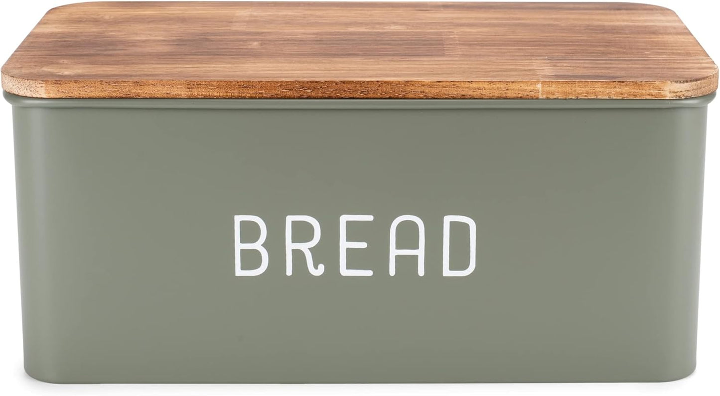 Nat & Jules Matte Green 12 x 7 Metal Enamel Rubber Wood Lidded Bread Box