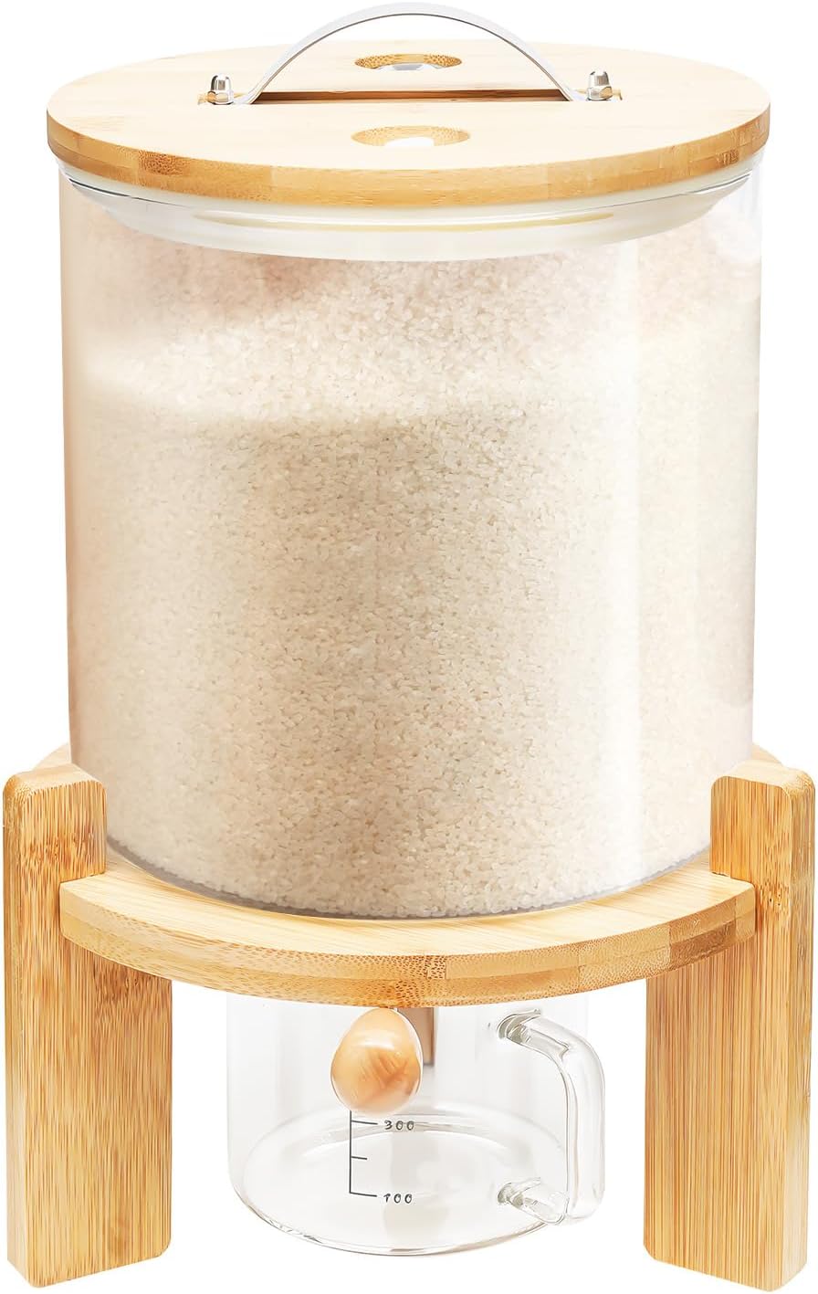 Flour and Cereal Container, Rice Dispenser, Creative Glass Food Storge Container for Kitchen Organization and Pantry Store, Airtight Lid and Wooden Stand (7.5L)