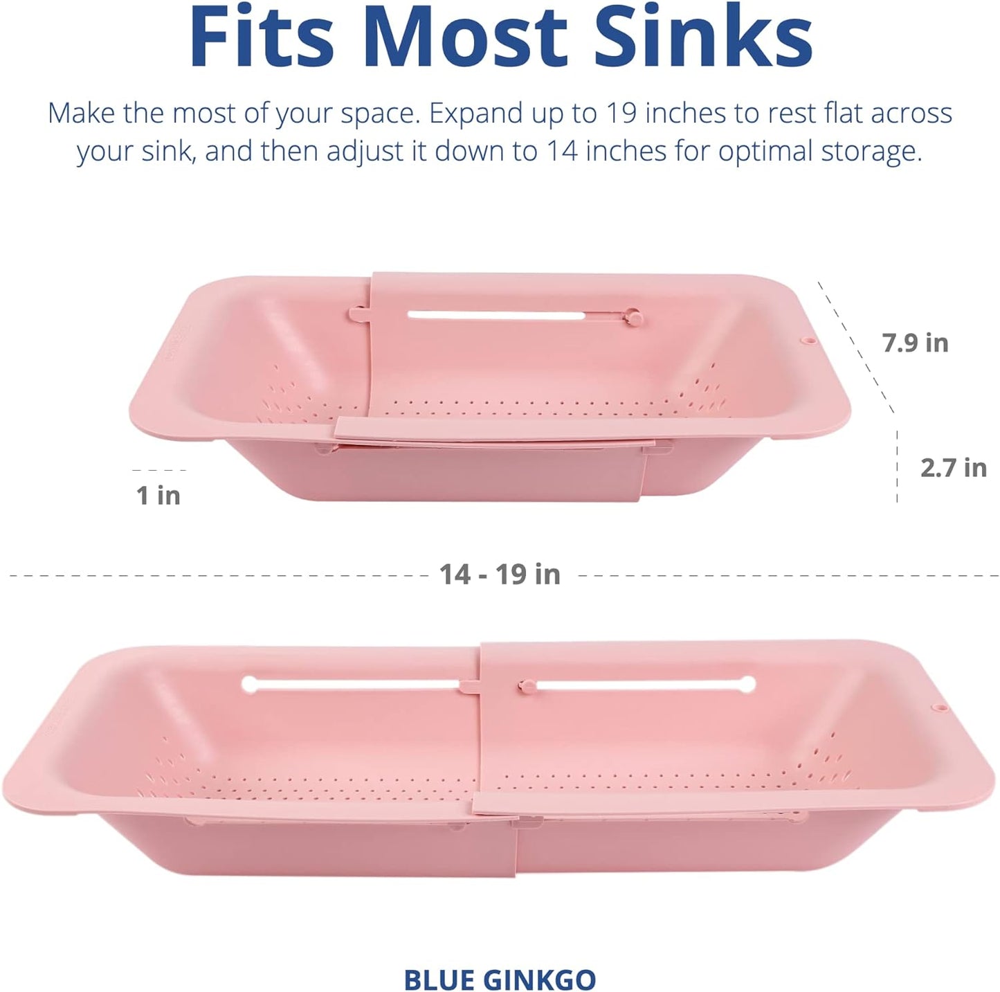 BLUE GINKGO Over the Sink Colander Strainer Basket - Wash Vegetables and Fruits, Drain Cooked Pasta and Dry Dishes - Extendable - New Home Kitchen Essentials (7.9 W x 14.5-19.5 L x 2.75 H) (Pink)
