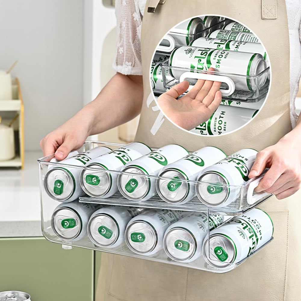 Xicennego Upgrade 2-Tier Rolling Soda Can Storage Organizer for Tall Skinny Soda/Pop Cans, Soda Can Dispenser for Refrigerator, Fridge Can Drink Holder, Plastic Storage Rack for Fefrigerators, Pantry