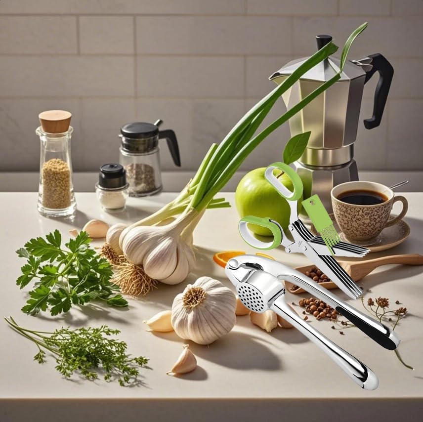 Garlic Press and Herb Scissors Set, 6 Pieces with Garlic mincer and Multipurpose Scissors, Rustproof Tools for Kitchen Use (Silver) (Silver+Green)