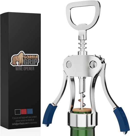 GORILLA GRIP BPA-Free Sharp Wine Opener, Heavy Duty Zinc Alloy Wing Corkscrew, Multifunctional Bottle Opener, Remove Corks or Cap, Easy to Use Bar Cork Screw, Dishwasher Safe Kitchen Essentials, Blue