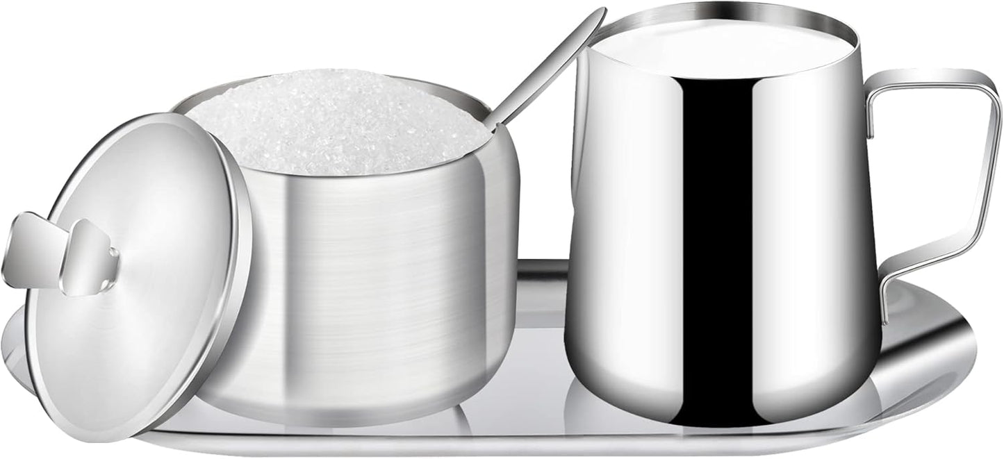 Stainless Steel Sugar and Creamer Set, Coffee Sets for Serving, Latte Milk Cup Cream Jug and Sugar Bowl with Lid Spoon Tray for Coffee Bar