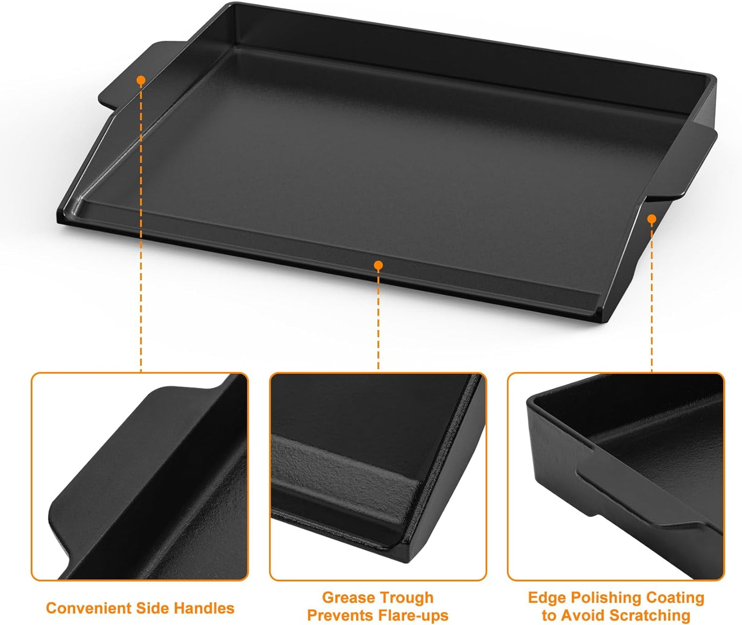 Onlyfire Universal Cast Iron Cooking Griddle, Pre-Seasoned Nonstick Coating Griddle Flat Top Grill Plate with Extra High Sidewalls for All Gas Grills and 4 Burner Range Oven, 23" x 16"
