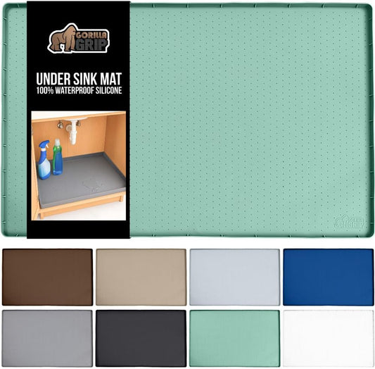 GORILLA GRIP Waterproof Silicone Under Sink Mat with Raised Lip for Kitchen and Bathroom, Cabinet Shelf Liner Stay in Place Mats Dishwasher Safe Drawer Liner, Organizer Tray, 19 x 22 in, Mint