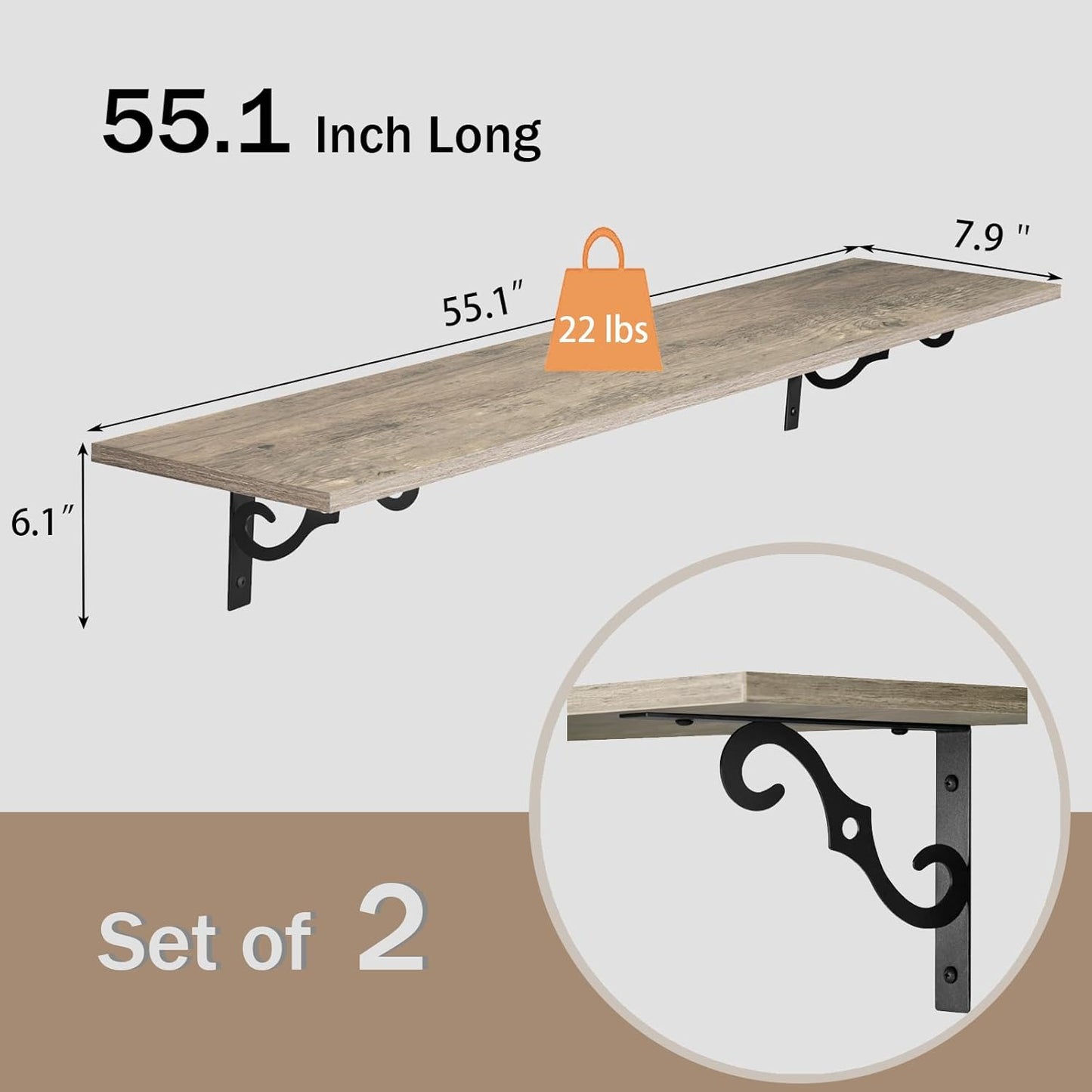 DINZI LVJ Long Wall Shelves, 55.1" Large Floating Shelves Set of 2, Wide Display Shelf Wall Mounted with Brackets, Easy Hanging for Living Room, Toilet, Office, Bedroom, Gray Wash