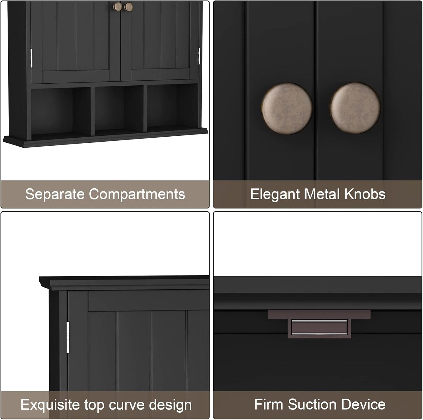ChooChoo Bathroom Cabinet Wall Mounted 2-Door with 3 Open Shelves， Wooden Medicine Cabinets with Adjustable Shelf，Space Saver Storage Cabinets Over The Toilet for Bathroom&Living Room，Black
