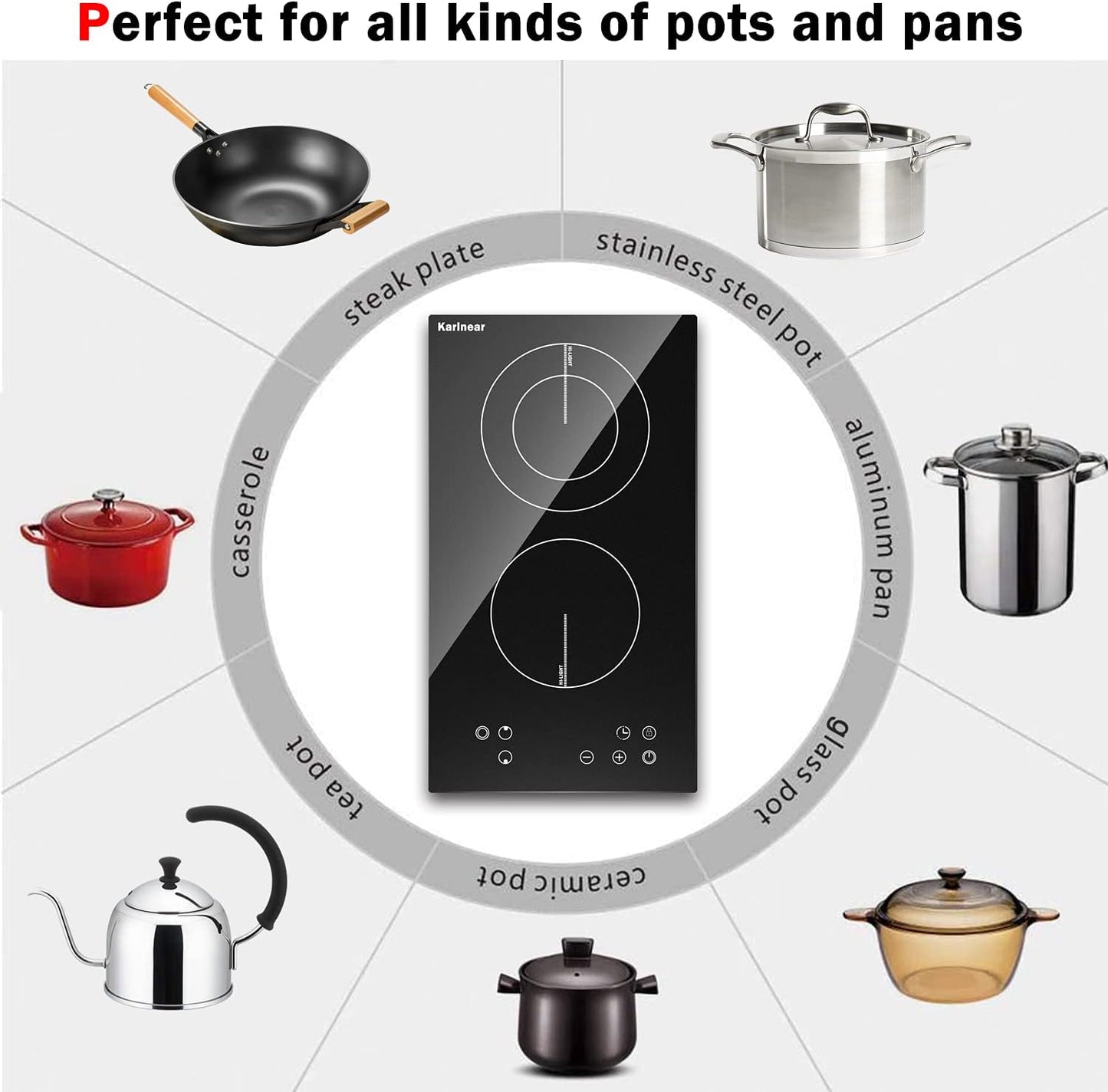 Karinear 2 Burner Electric Cooktop 12 Inch, Drop-in Electric Radiant Cooktop 220v - 240v with Child Safety Lock, Timer, Residual Heat Indicator, 3200W, Hard Wired, No Plug Electric Stove Top