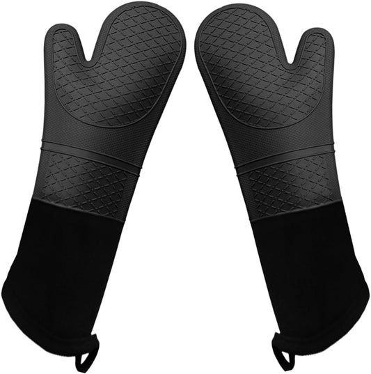 Extra Long Silicone Oven Mitts Heavy Duty Commercial Grade Oven Mitts Heat Resistant BBQ Gloves with Quilted Cotton Lining 2 Pack (Black)