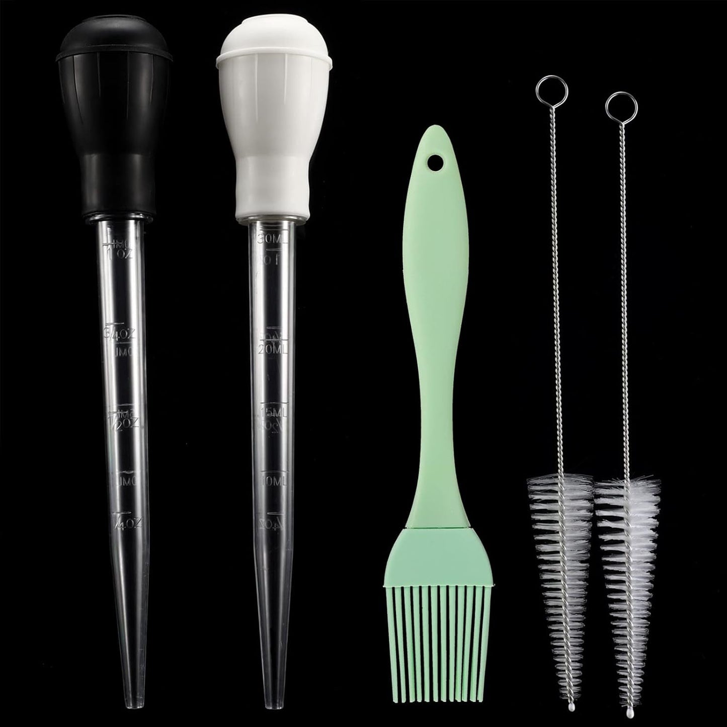 Boao 5 Pieces Nylon Heat-Resistant Turkey Baster Cooking Set Includes Meat Baster, 1 Silicone Basting Brush and 2 Cleaning Brush for BBQ Grill Baking Kitchen Cooking Thanksgiving(Black, White)