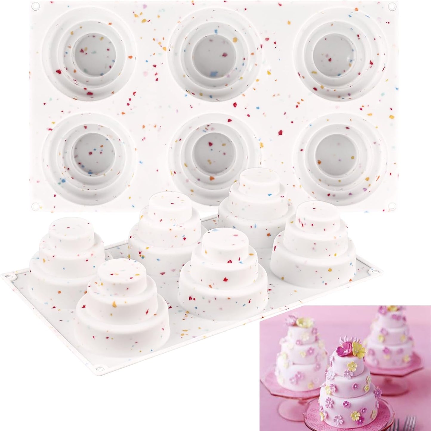 Sakolla 2 Pack 3 Tier Mini Cake Molds, BPA Free 6 Cavity Silicone Cakepop Molds Shapes for Baking Cake Pop, Cakesicle, Brownie and Mousse (Confetti)