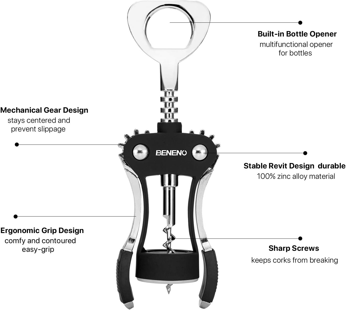 Beneno Wine Opener, Zinc Alloy Premium Wing Corkscrew with Multifunctional Bottles Opener, Sharp Wine Corkscrew with Ergonomic Non-Slip Wing Handle, Upgrade Black