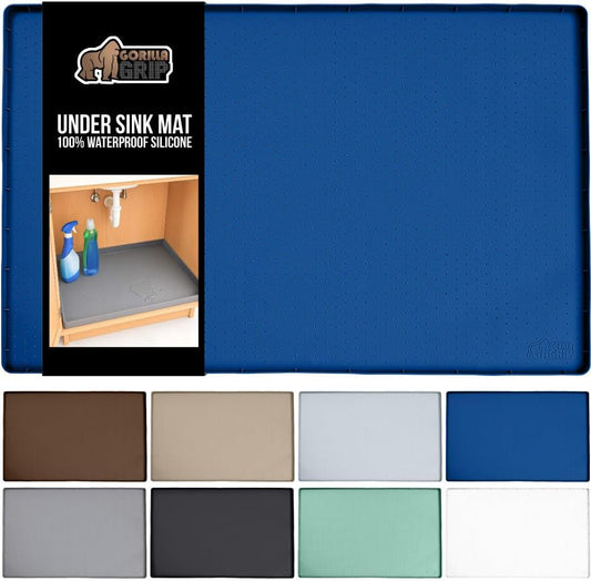 GORILLA GRIP Waterproof Silicone Under Sink Mat with Raised Lip for Kitchen and Bathroom, Cabinet Shelf Liner Stay in Place Mats Dishwasher Safe Drawer Liner, Organizer Tray, 19 x 34 in, Blue