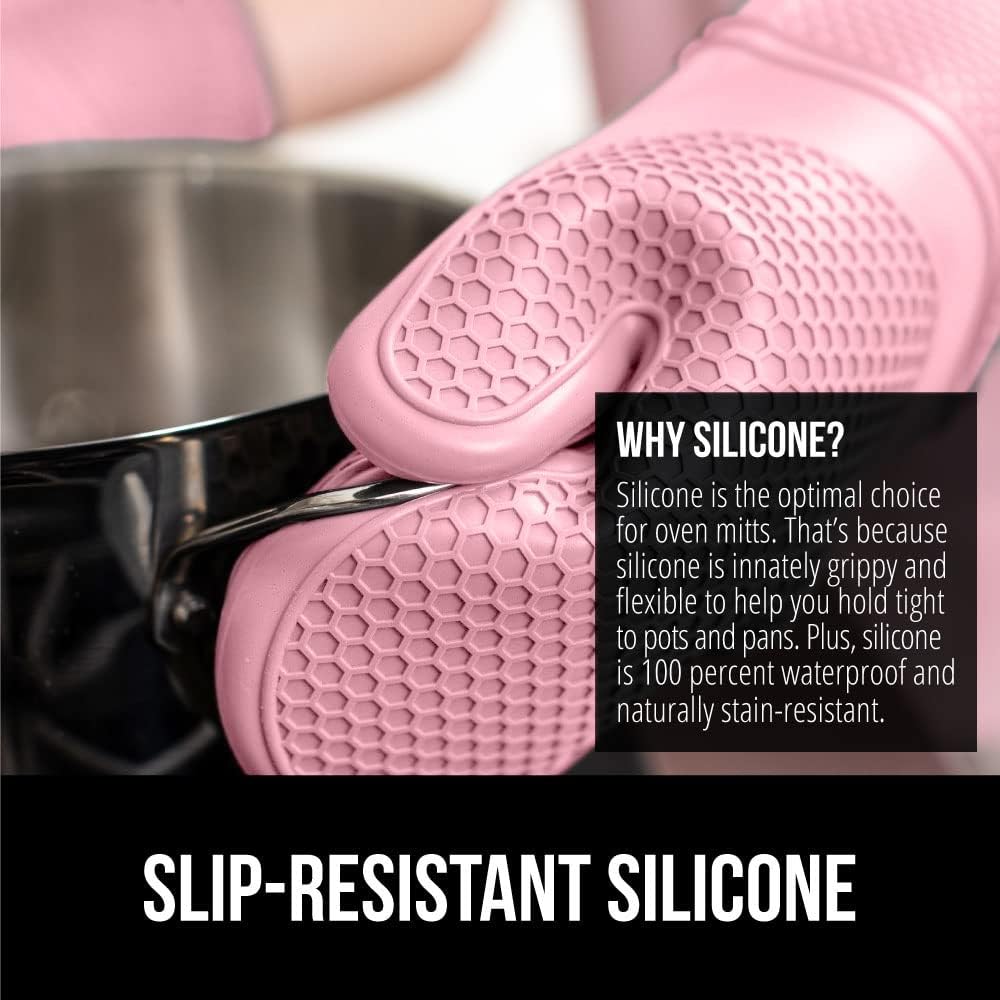 GORILLA GRIP BPA-Free Soft Silicone Oven Mitts, 14.5x8.3, Heat Resistant and Waterproof Cooking Gloves, Thick Cotton Lining, Flexible Gripping for Baking Grilling, Kitchen Potholders Set of 2, Pink