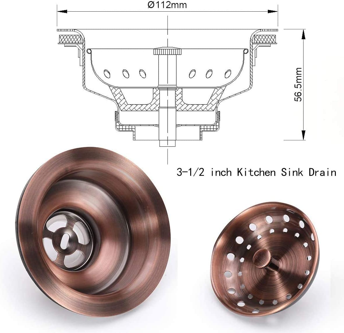KONE 3-1/2 Inch Kitchen Sink Drain AC Assembly with Strainer Basket/Stopper, All Stainless Steel Antique Copper Durable and Rustproof