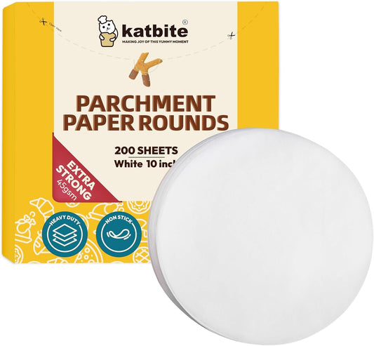 Katbite Heavy Duty Parchment Rounds 10 Inch, 200Pcs Round Parchment Paper Rounds, Use for Cake Baking, Air Fryer Liners, Separating Frozen Patty, Toaster Oven, Tortilla Press
