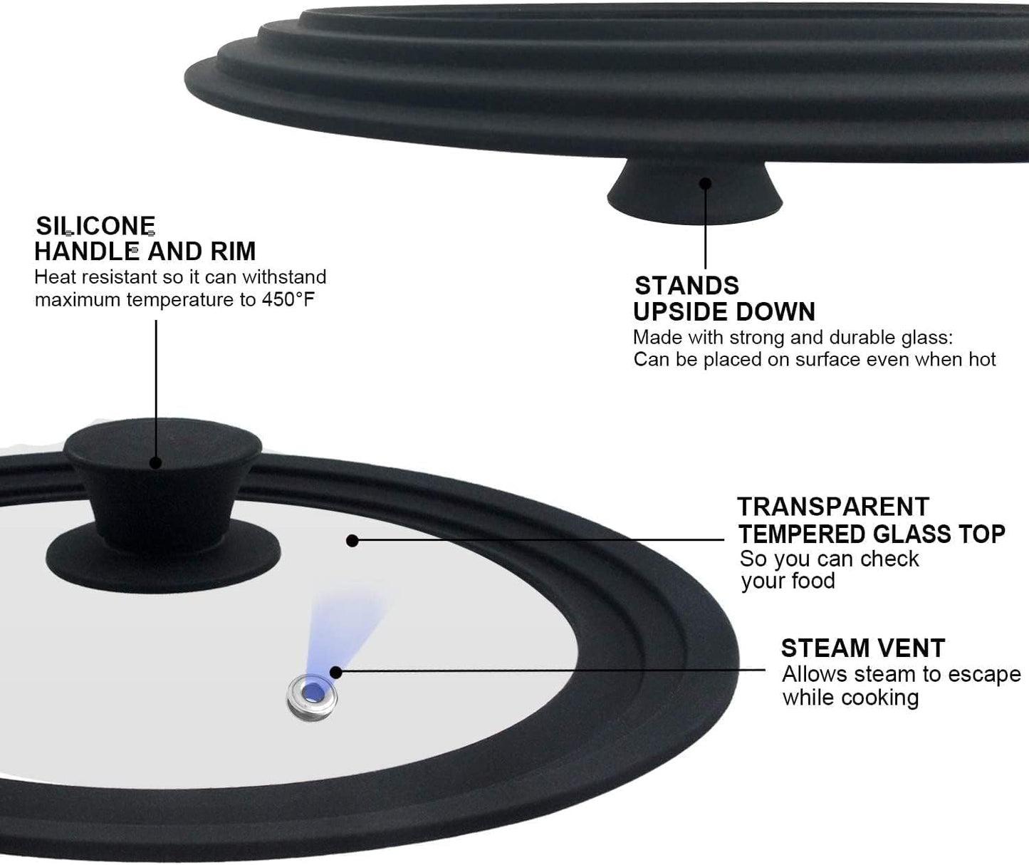 Universal Lid for Pots, Pans and Skillets - Walfos Tempered Glass Pan Lid with Heat Resistant Silicone Rim, Multi-Sizes BPA Free Pot Lids Fits 8", 9" and 9.5" Diameter Cookware, Dishwasher-Safe, Black