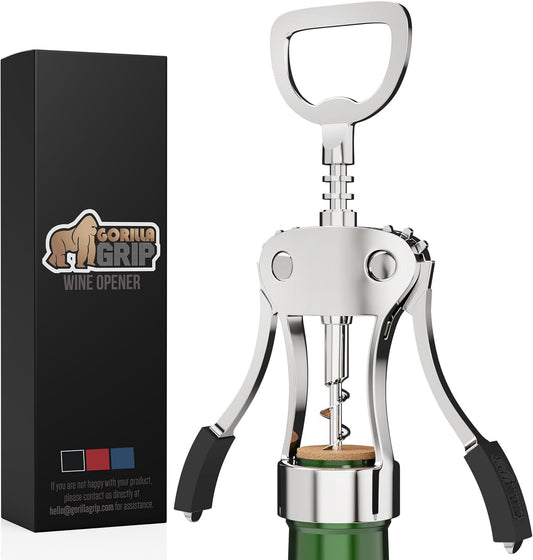 GORILLA GRIP BPA-Free Sharp Wine Opener, Heavy Duty Zinc Alloy Wing Corkscrew, Multifunctional Bottle Opener, Remove Corks or Cap, Easy to Use Bar Cork Screw, Dishwasher Safe Kitchen Essentials, Black