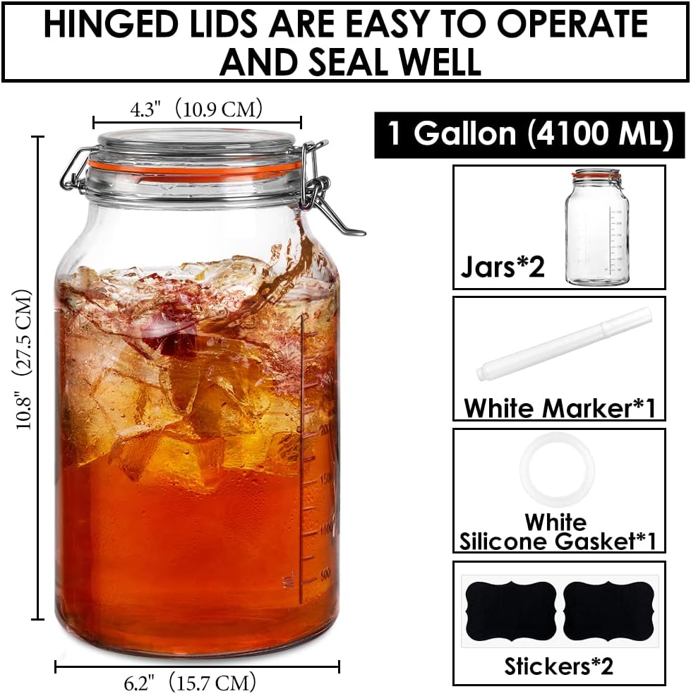 Super Wide-Mouth Glass Jars with Hinged Lids, 1-Gallon (4100 ML) Leak Proof Glass Canning Jars with Airtight Lids and 2 Measurement Marks. Large Capacity, Sturdy For Canning, Overnight Oats, 2-Pack