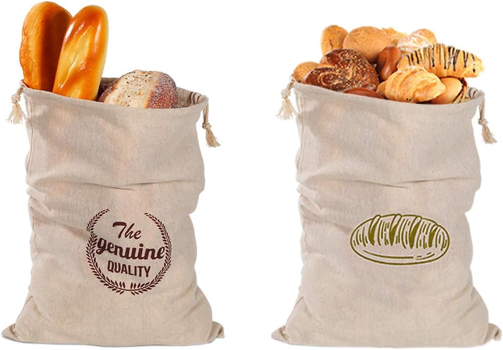 Ahyuan Natural Linen Bread Bags 2Pack 100% Flax Linen for Homemade Bread Reusable Food Storage Bags Reusable Bread Bags for Large Loaf Bakery & Baguette (Square)
