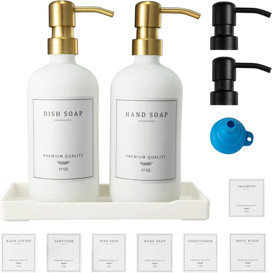 Glass Soap Dispenser for Kitchen, Farmhouse Kitchen Dish Soap Dispenser&Hand Soap Dispenser Set, Rustproof Pump Soap Lotion Dispenser Bathroom with Tray, Waterproof Label for Decor(White