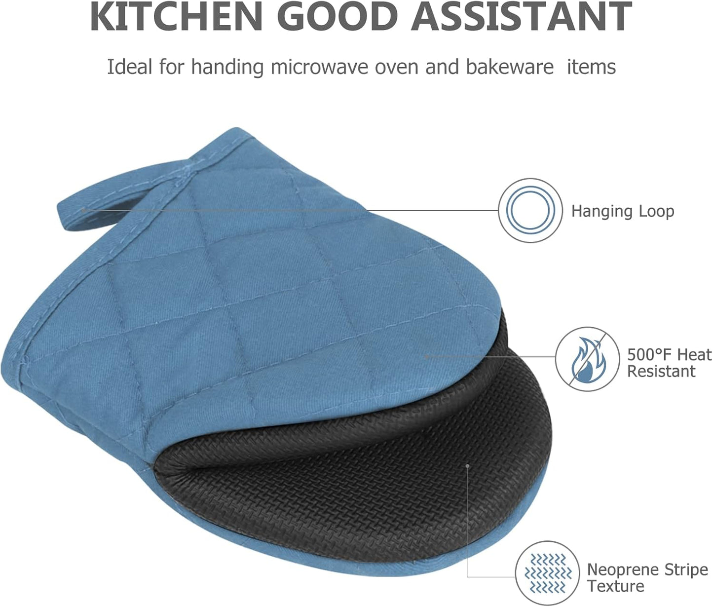 Qulable 1 Pair Short Oven Mitts - Silicone Kitchen Oven Gloves High Heat Resistant 500℉, Mini Oven Mits with Non-Slip Grip Surfaces and Hanging Loop for BBQ, Baking, Cooking and Grilling (Bule)