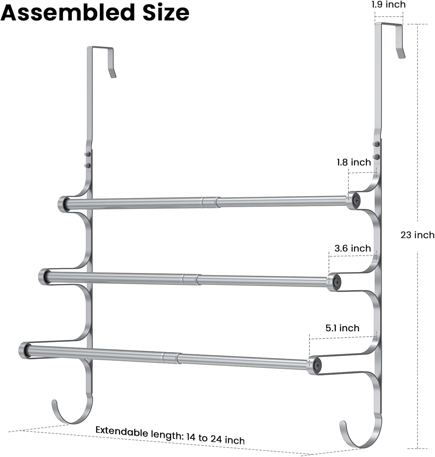 Over The Door Towel Rack, Over Door Towel Rack for Bathroom Door, Triple Towel Storage Holder with Hooks (Silver Gray, 17.32" L)