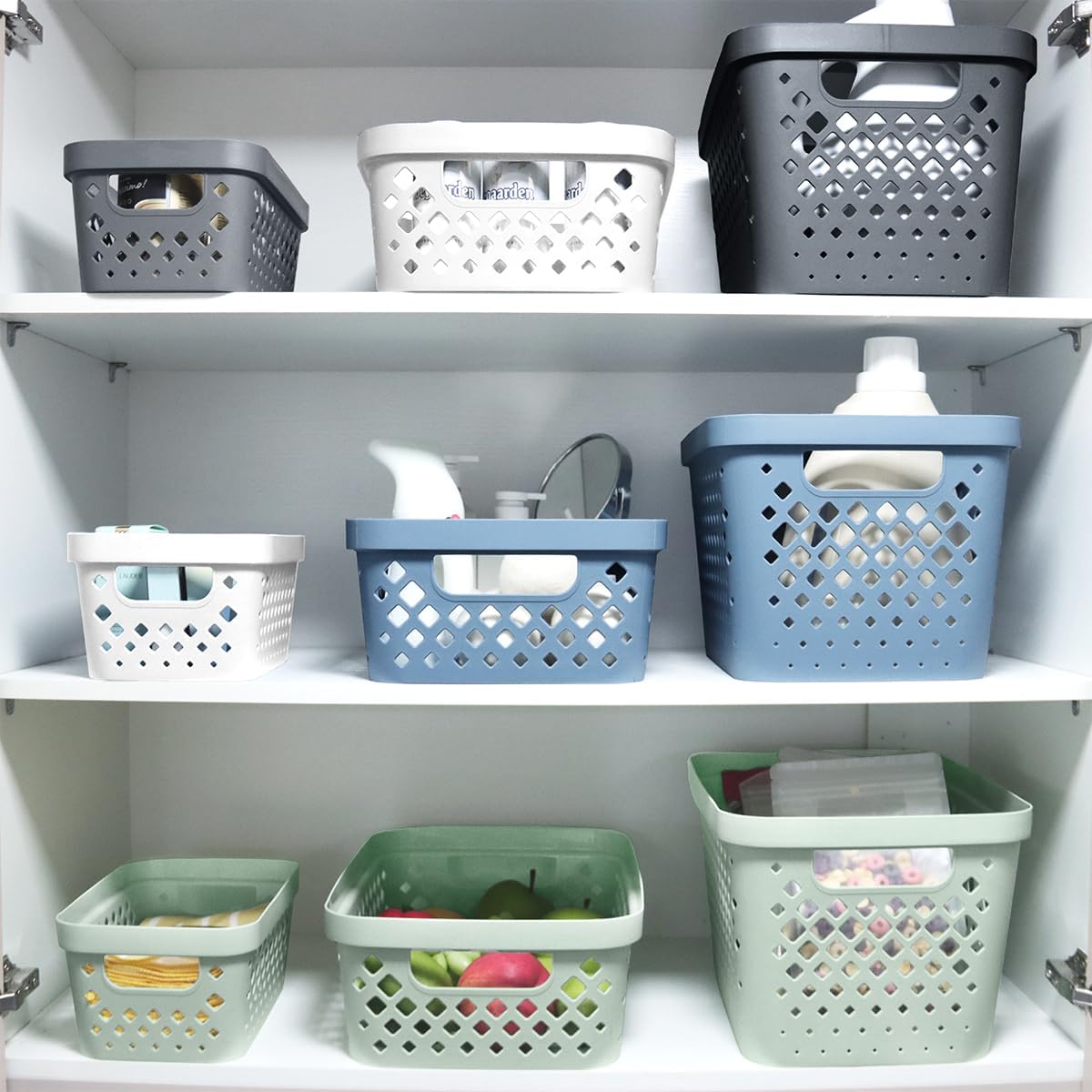 Glad Plastic Baskets for Organizing, Set of 6 | Pantry Storage for Under Counter, Linen Closet, and Bathroom | Nesting Shelf Bins with Handles, 1 Gallon, Marina Blue