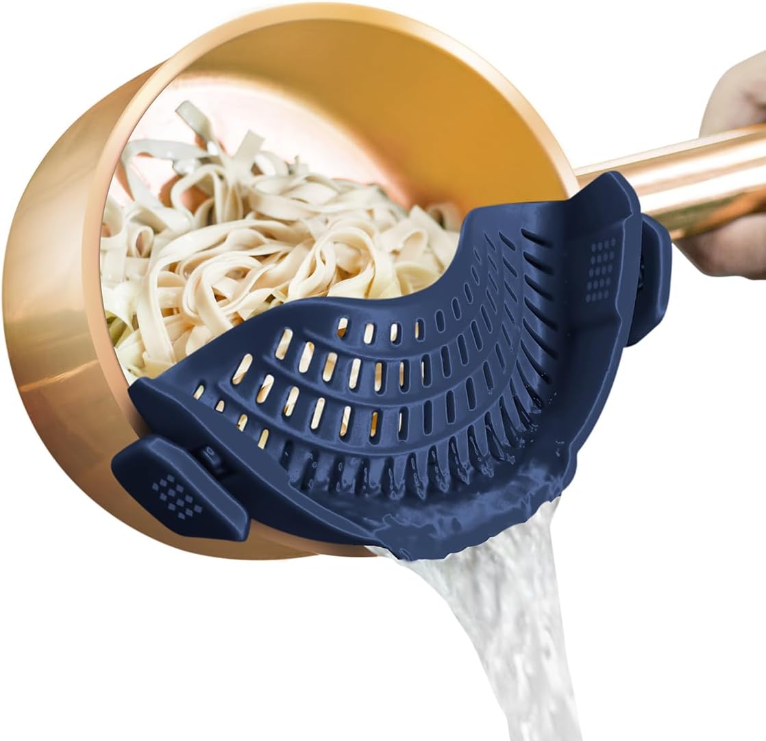 AUOON Clip On Strainer Silicone for All Pots and Pans, Pasta Strainer Clip on Food Strainer for Meat Vegetables Fruit Silicone Kitchen Colander (Navy)