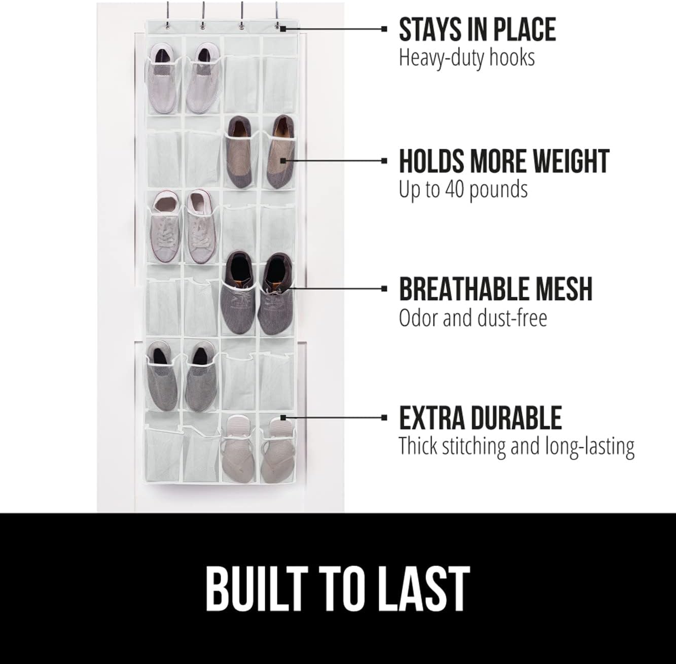 GORILLA GRIP Over the Door Shoe Organizer, 2 Pack, 24 Breathable Mesh Pockets, Space Saving Hanging Storage Holder, Closet Rack Hanger Holds Up to 40 lbs, Hangs on Closets, Shoes, Accessories, White