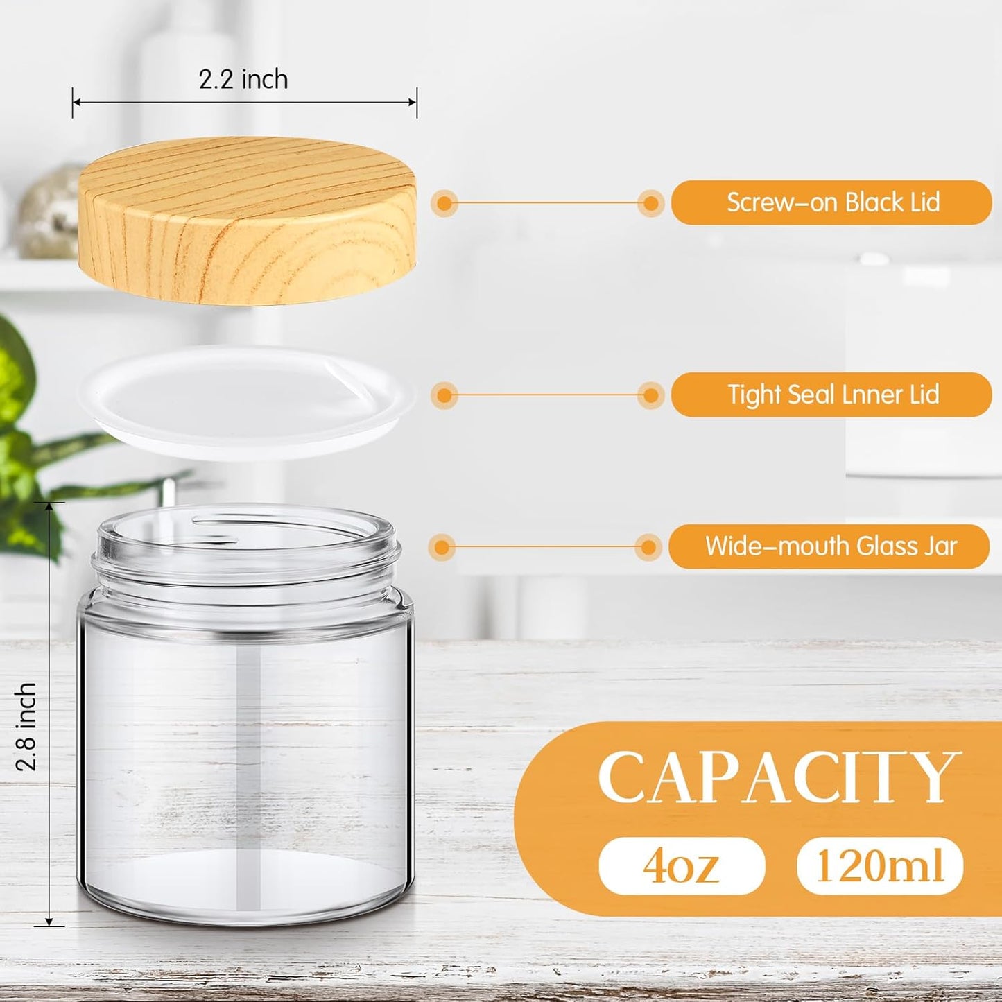 Norme 96 Pcs Glass Jars with Lids Empty Small Glass Containers and Inner Liners Reusable Cosmetic Jars Round Airtight Bottles with Plastic Woodgrain Lids for Travel (4oz)