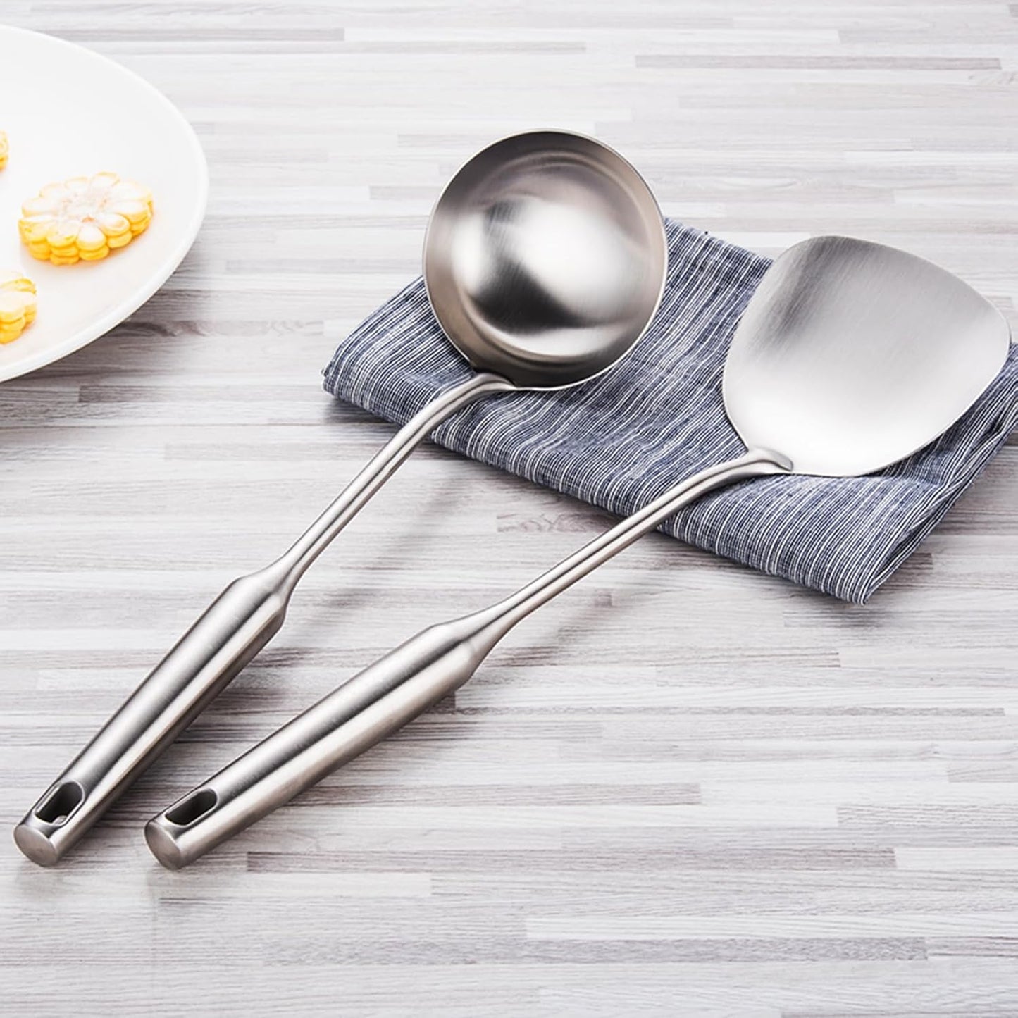 304 Stainless Steel Cooking Utensil Set 4-Piece Kitchen Utensils with Extra-Long Handles, Spatula,Ladle,Slotted Spoon,Slotted Spatula,One-Piece Construction, Ideal for Wok, Grilling, and Gifting