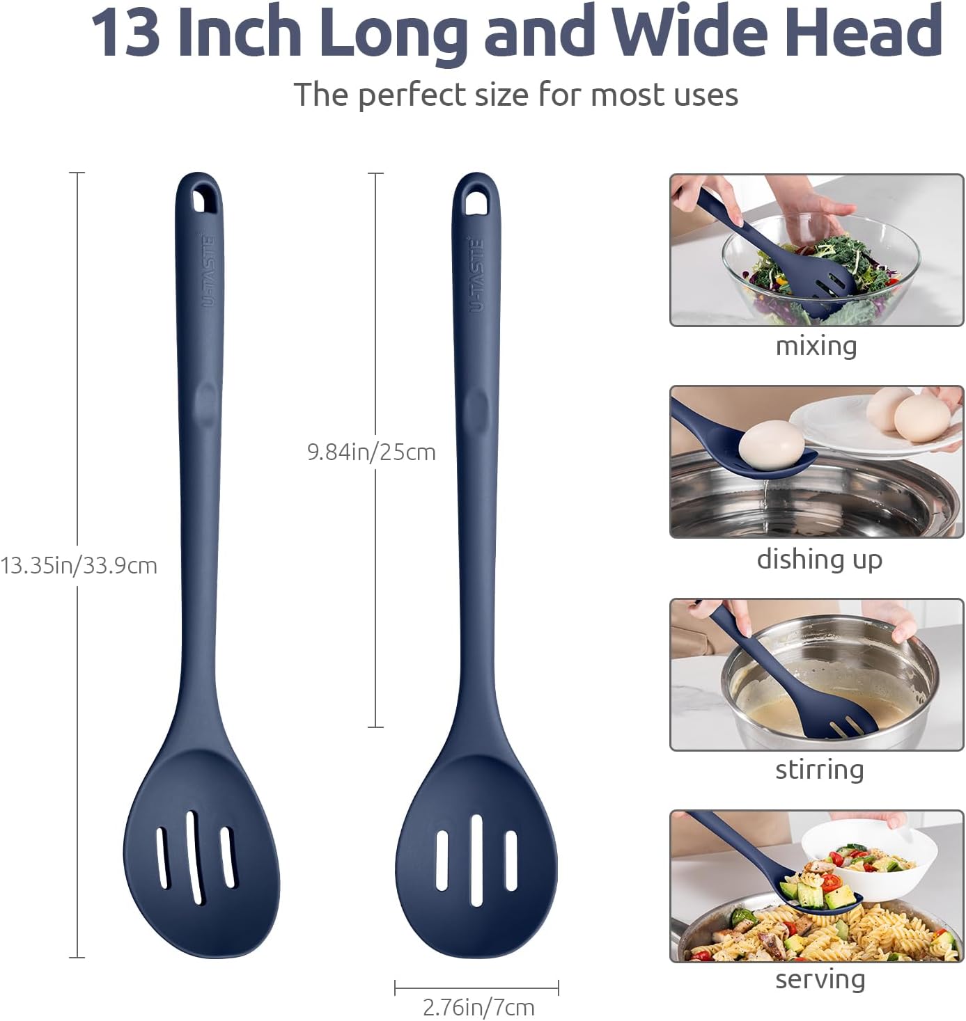 600ºF Heat Resistant Silicone Spoon: U-Taste 13.3in Solid Kitchen Cooking Spoon, Nonstick Food Grade Large Soup Rubber Utensil for Mixing, Serving, Stirring, Basting, for Pot Cookware (Midnight Blue)